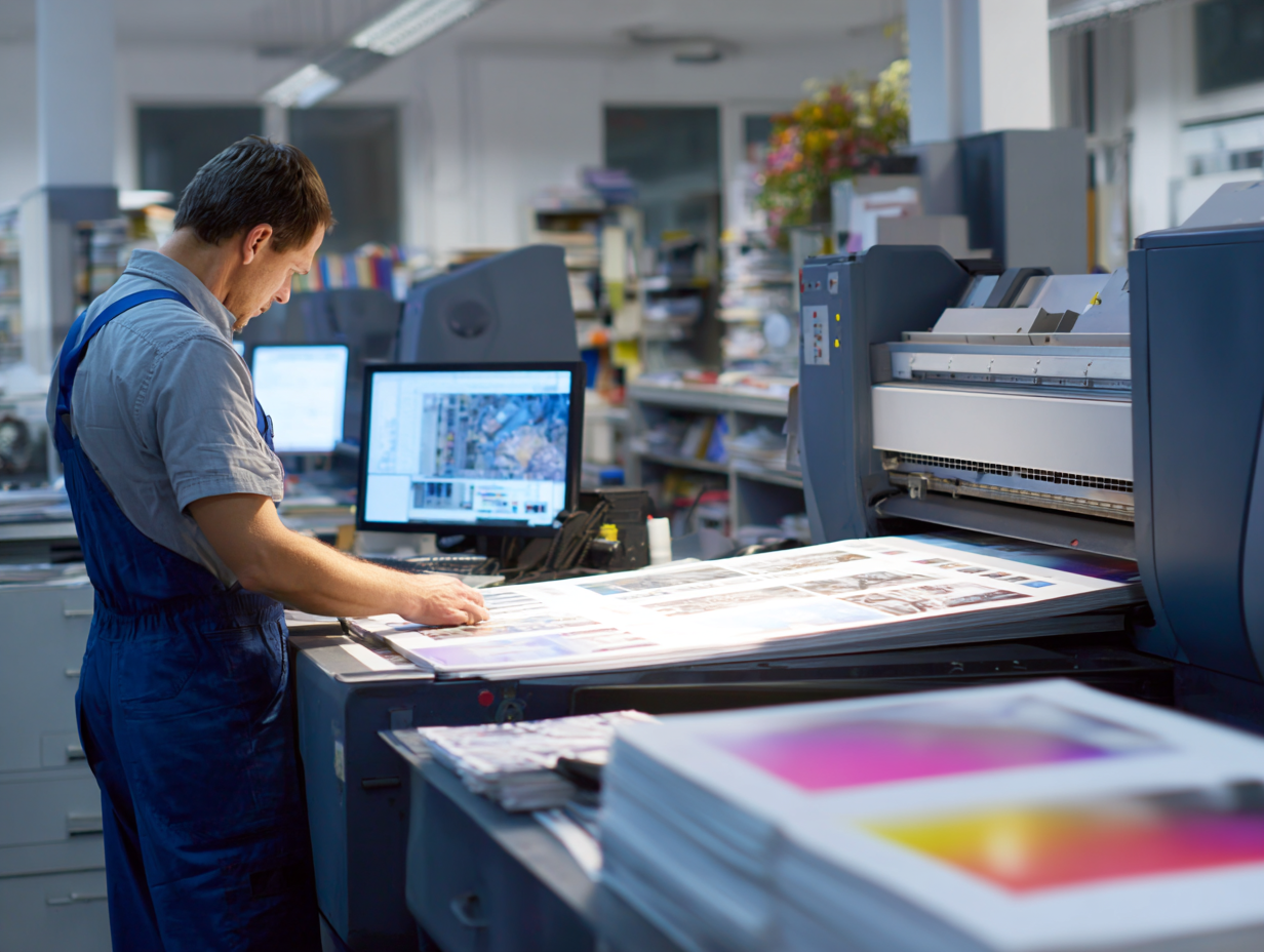 Оператор у широкоформатного принтера — печать плаката в Copyzon
